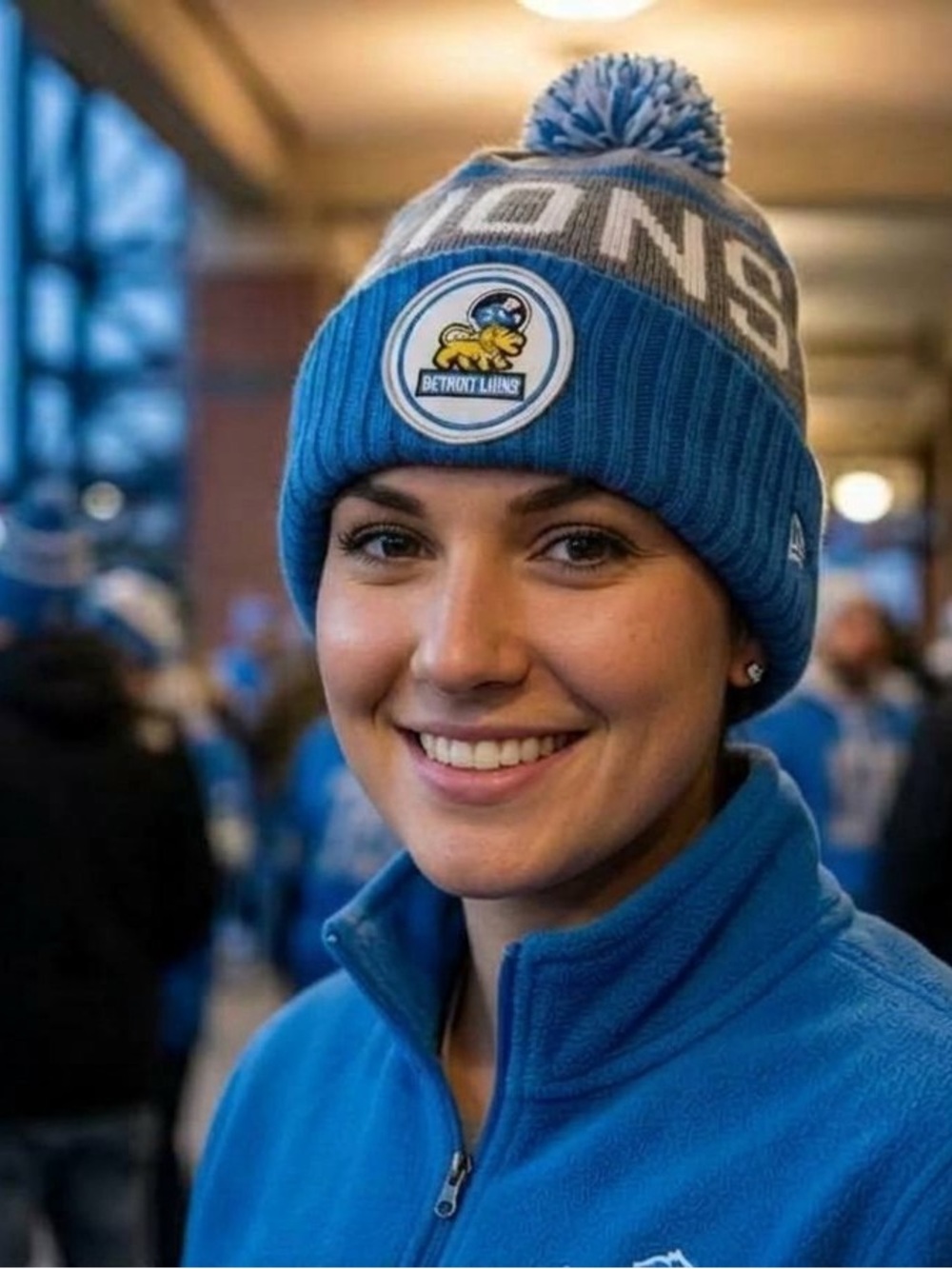 Mitchell & Ness Blue and Gray Detroit Lions Pom Beanie